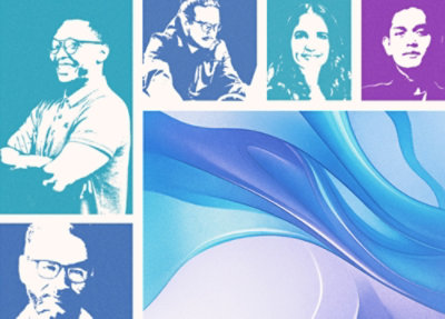 5 people surrounding a modern wave design